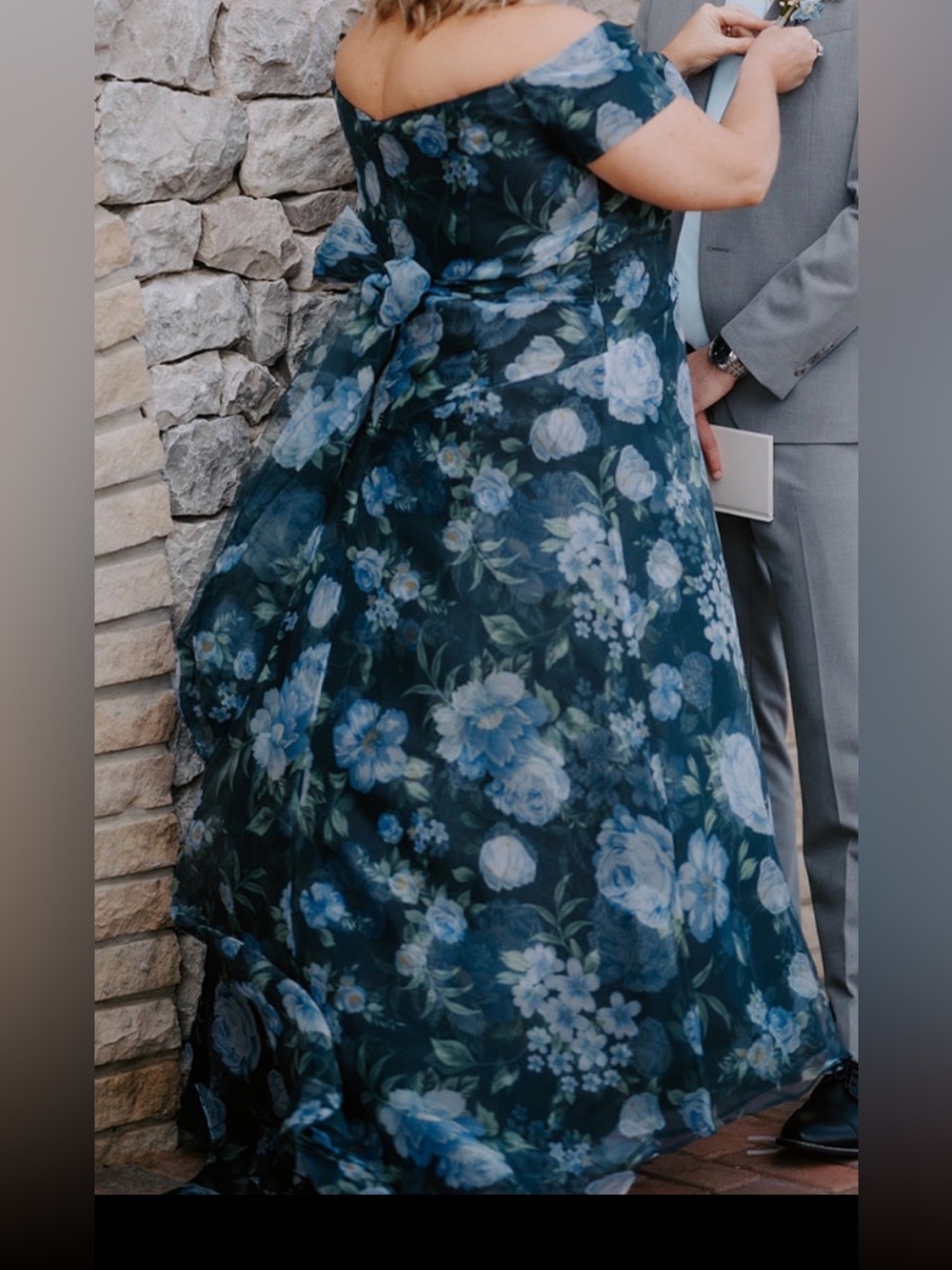 Off-Shoulder Floral Wedding Dress in Deep Blue